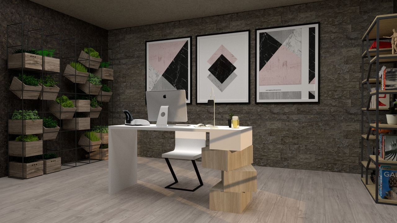 Contemporary office scene with geometric art, green plants, and sleek furniture design.
